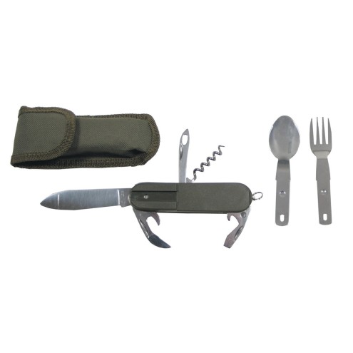 Taschenmesser oliv mit Gabel, Löffel, Dosenöffner